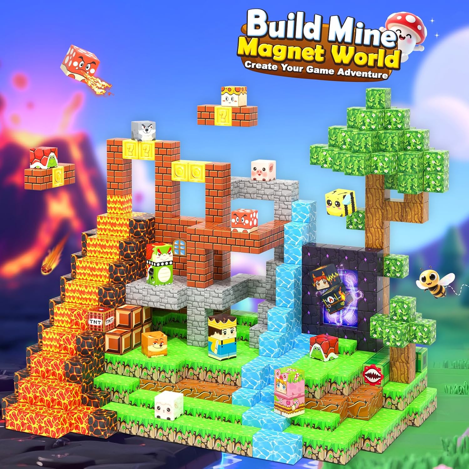 Magnetic Building Blocks-200PCS with Drawstring Bag STEM Montessori Children Sensory Toys Build Mine Magnet World Gift Set