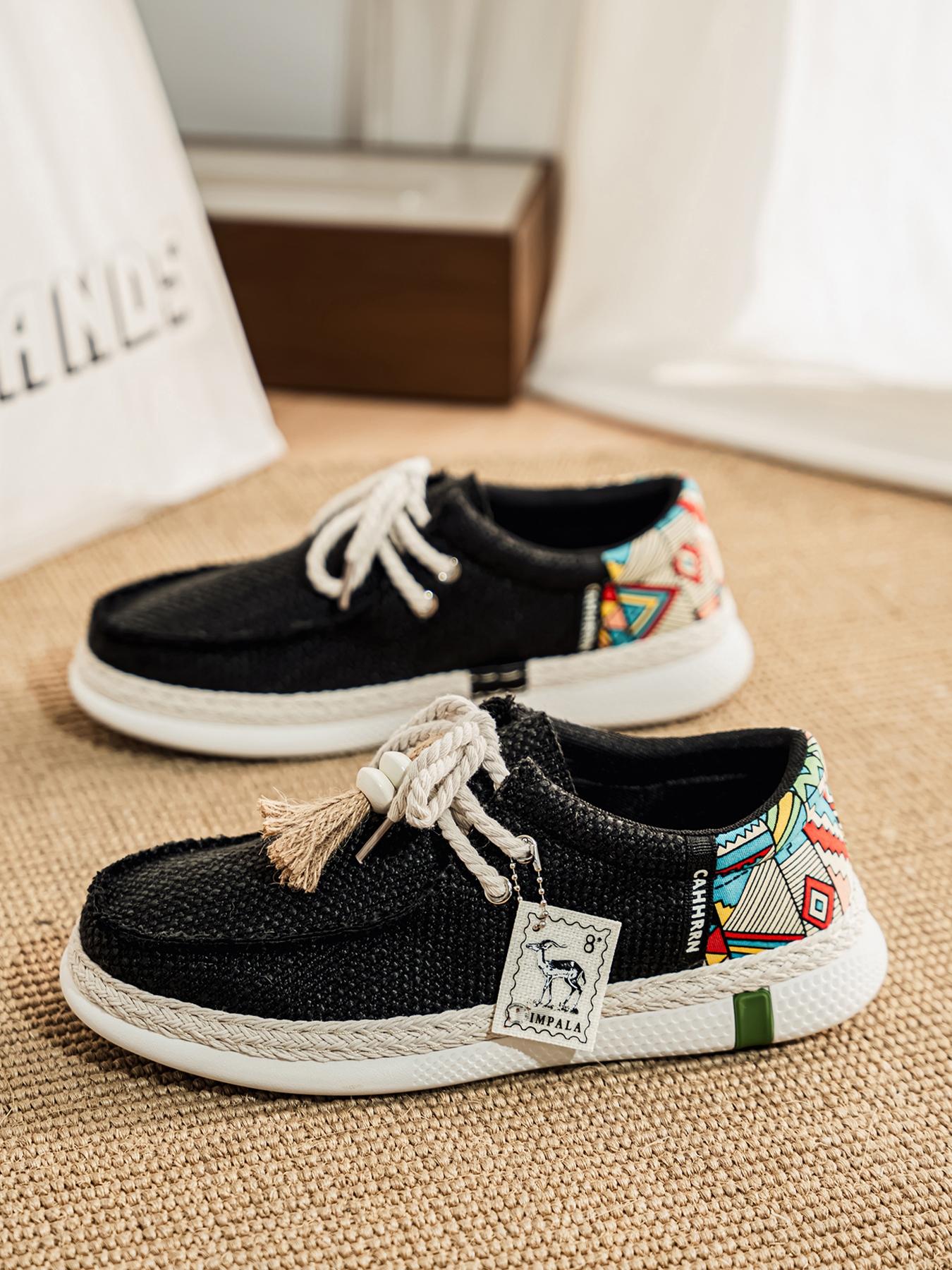 Summer New Men's Linen Shoes, Breathable Non-Stuffy, Colorblock Geometric Pattern, Fringe Decor, Retro Ethnic Style, Comfortable Thick Sole