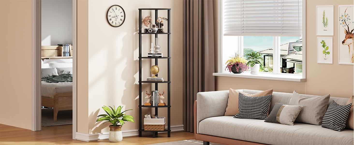 Corner Shelf, 6-Tier Corner Bookshelf, Industrial Corner Ladder Shelf, DIY Storage Shelves, Modern Display Shelf for Living Room, Bedroom, Kitchen, Home Office, Black UJSJ004B