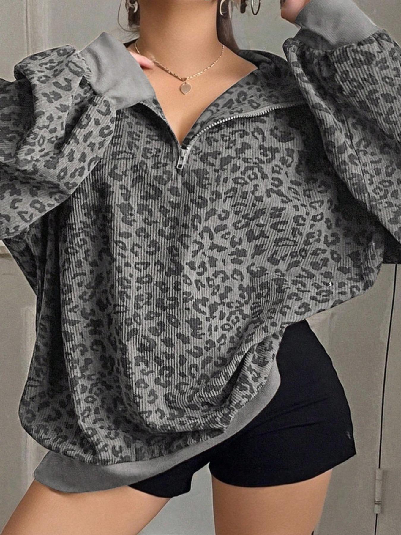 Women’s Plus-Size Fashion Leopard Print Zip-Up Long Sleeve Loose Fit Hoodie, Stylish Casual Winter Sweatshirt for Everyday Wear, Womenswear