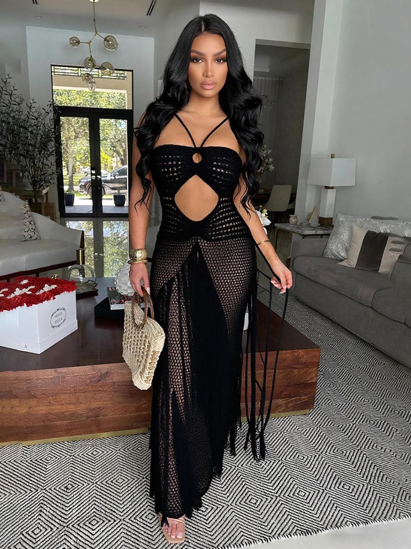 Women’s Crochet Maxi Dress with Fringe Detail, Boho Style Backless Halter Dress for Beach Party Vacation, Summer Resort Wear