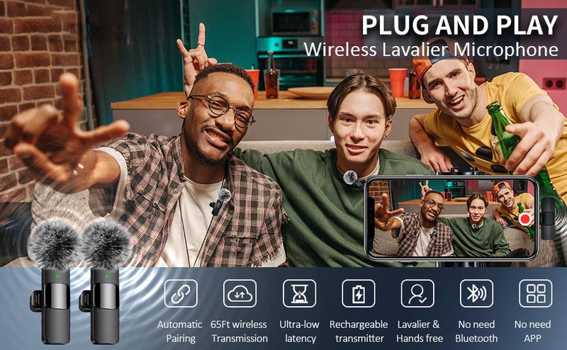 2pcs Professional Wireless Lavalier Lapel Microphone for Smartphone  iPhone, iPad - Cordless Omnidirectional Condenser，Plug-Play Recording Audio Mic for Interview Video Podcast Vlog