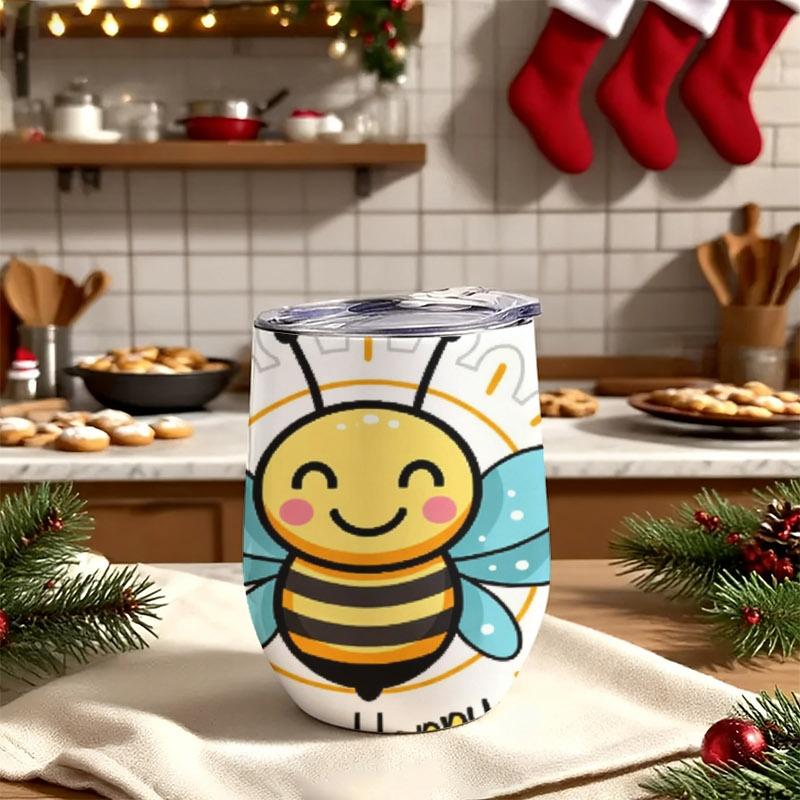 12oz Digital Printed Insulated Tumbler, Bee Happy Cartoon Bee Design, Lightweight & Durable, Leak - Proof for Daily Use, Office & Outdoor, Stylish Thermal Cup for Adults