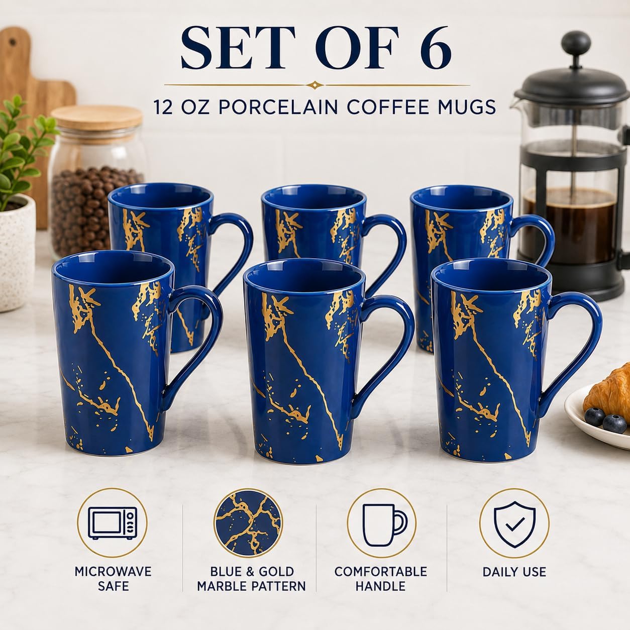 12 oz Porcelain Coffee Mugs, Set of 6, Blue | Set of 6 blue 12 oz porcelain mugs for coffee, , latte, cappuccino, cocoa, and everyday use.