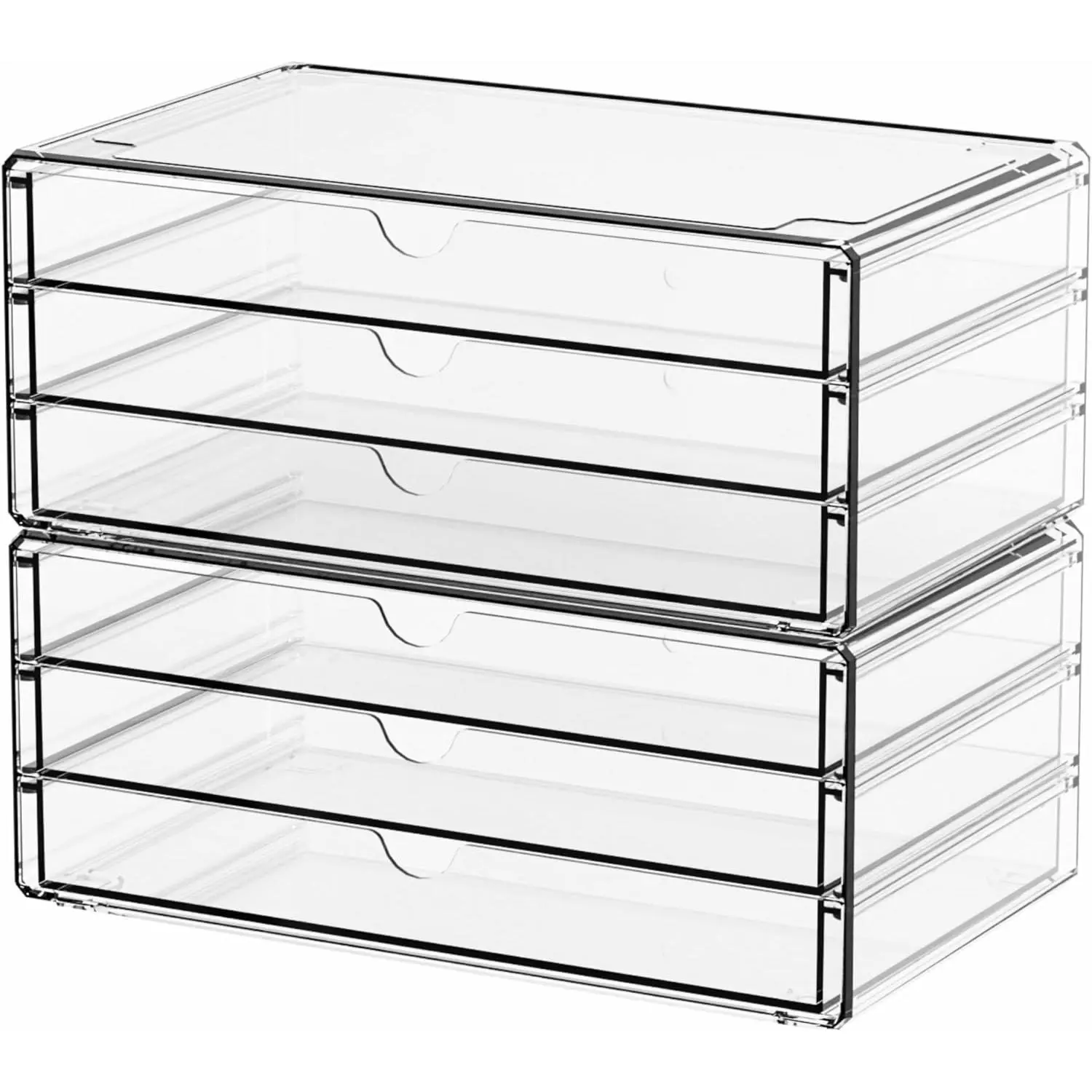 2-Pack Acrylic Storage Drawers (6 Drawers Total) - Stackable Home Organizer for organizing Desk, Office Supplies, Makeup; Large Storage Bin for Pens, Stationery, Palettes, Arts Crafts, Two Packs