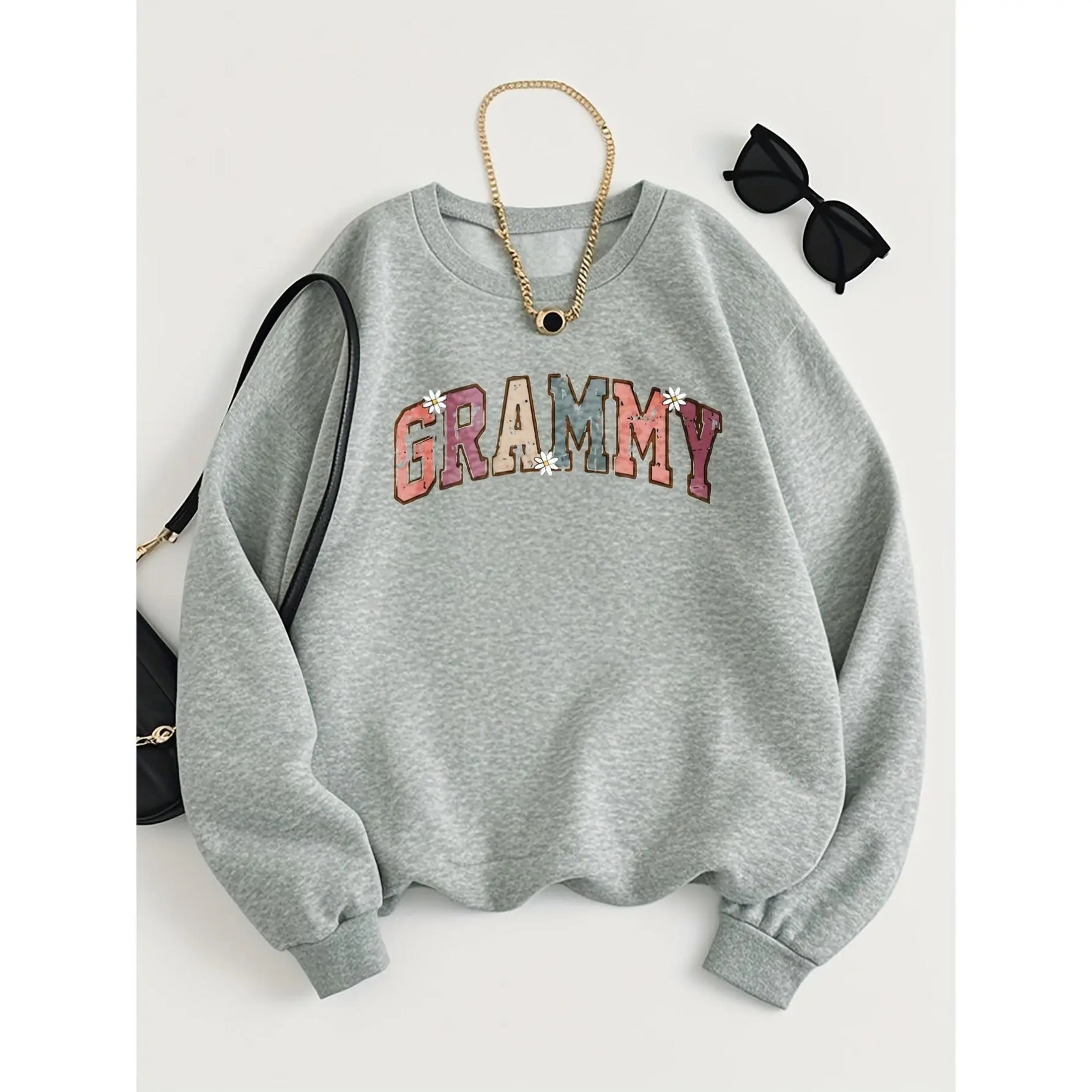 Women'S "GRAMMY" Floral & Letter Print Sweatshirt |   Cozy Loose-Fit Crew Neck, Long Sleeve, 100%, Fabric, Machine Washable - Ideal for Fall/Winter, Casual Style