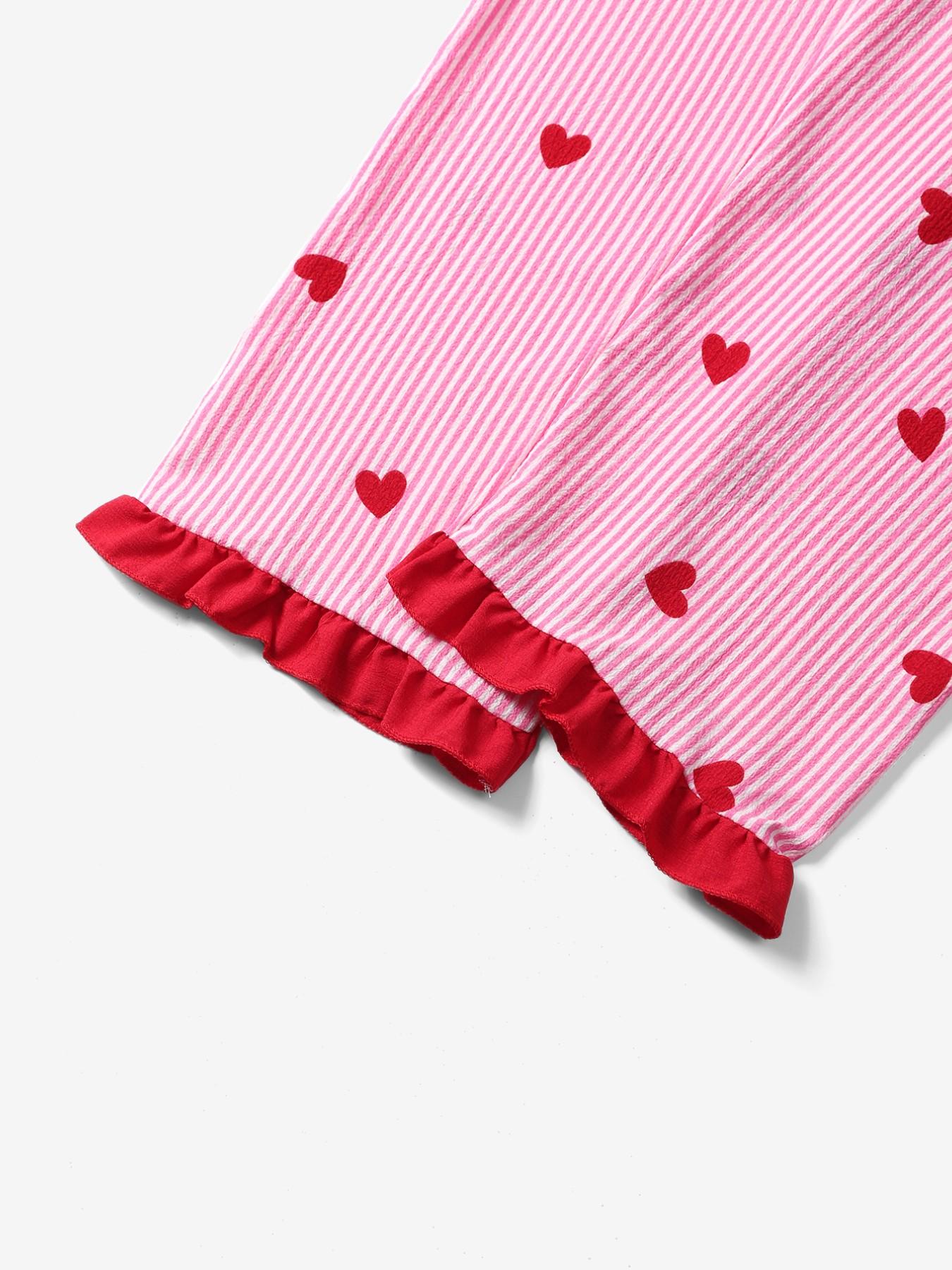 Women's Cute Pajama Sleepwear Set, Heart Pattern V Neck Button Short Sleeve Top & Pants, Lightweight Polyester Loungewear Homewear