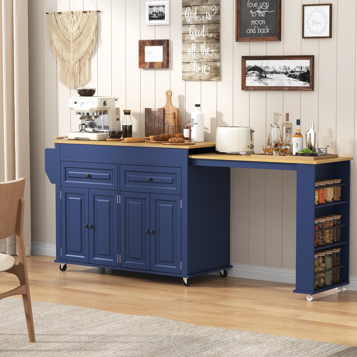 80"-48" Extendable Kitchen Island with Extended Dining Table and Power Outlet,Large Mobile Kitchen Storage Islands with 2 Storage Drawers,Rolling Islands Cart with 3 Extra Rows Open Shelves(White/Black/Brown/Blue)