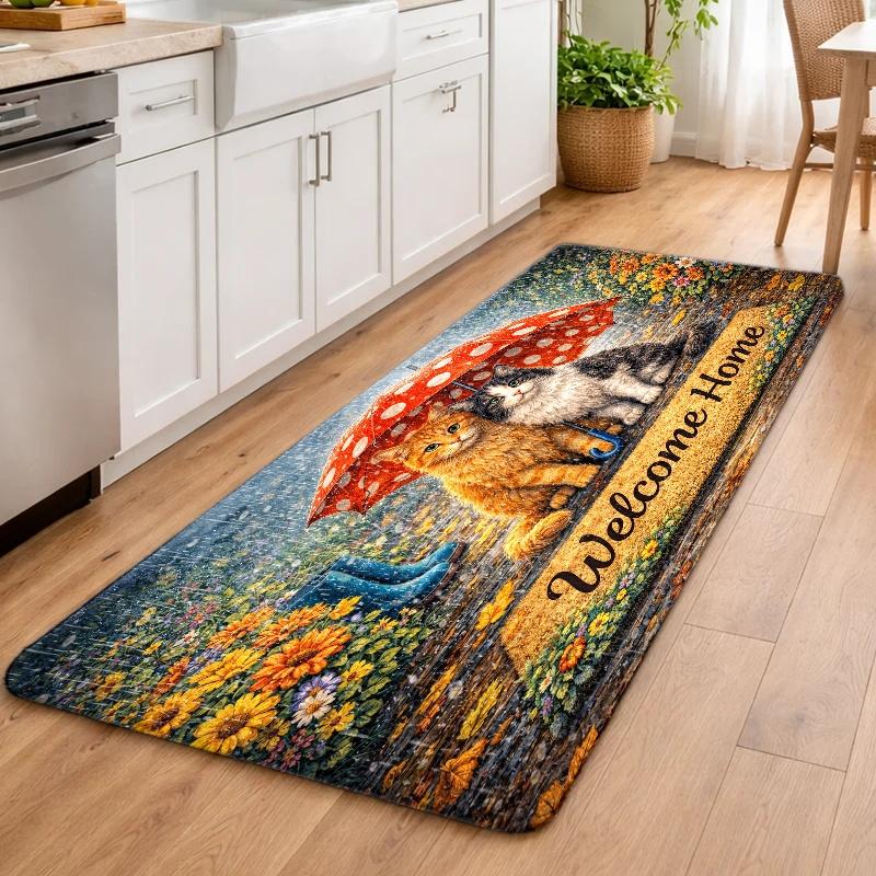 Cute Cats Umbrella Welcome Home Doormat Flannel Mat With Non Slip Rubber Bottom Durable Stain Resistant Machine Washable Multipurpose Rug Perfect For Indoor Outdoor Entry Kitchen Bedroom Bathroom Balcony Corridor Porch Home Decor Non-Slip Stair Treads