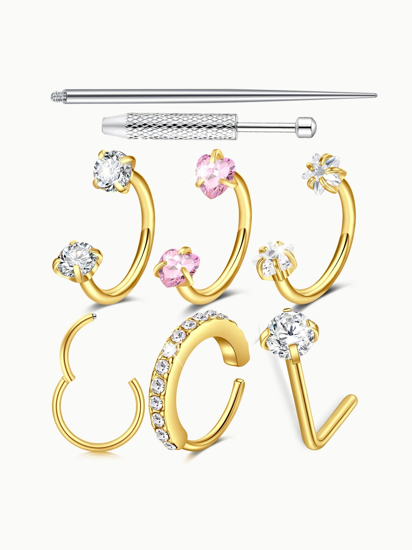 Stainless Steel Cz Nose Ring, Nose Cuff, Horseshoe Shape Nose Ring, 18 Gauge 8mm Hoop, Heart Design Perfect for Nose, Cartilage, Tragus, Helix and Lip Piercings, Nose Piercing Jewelry, Nose Rings Hoops