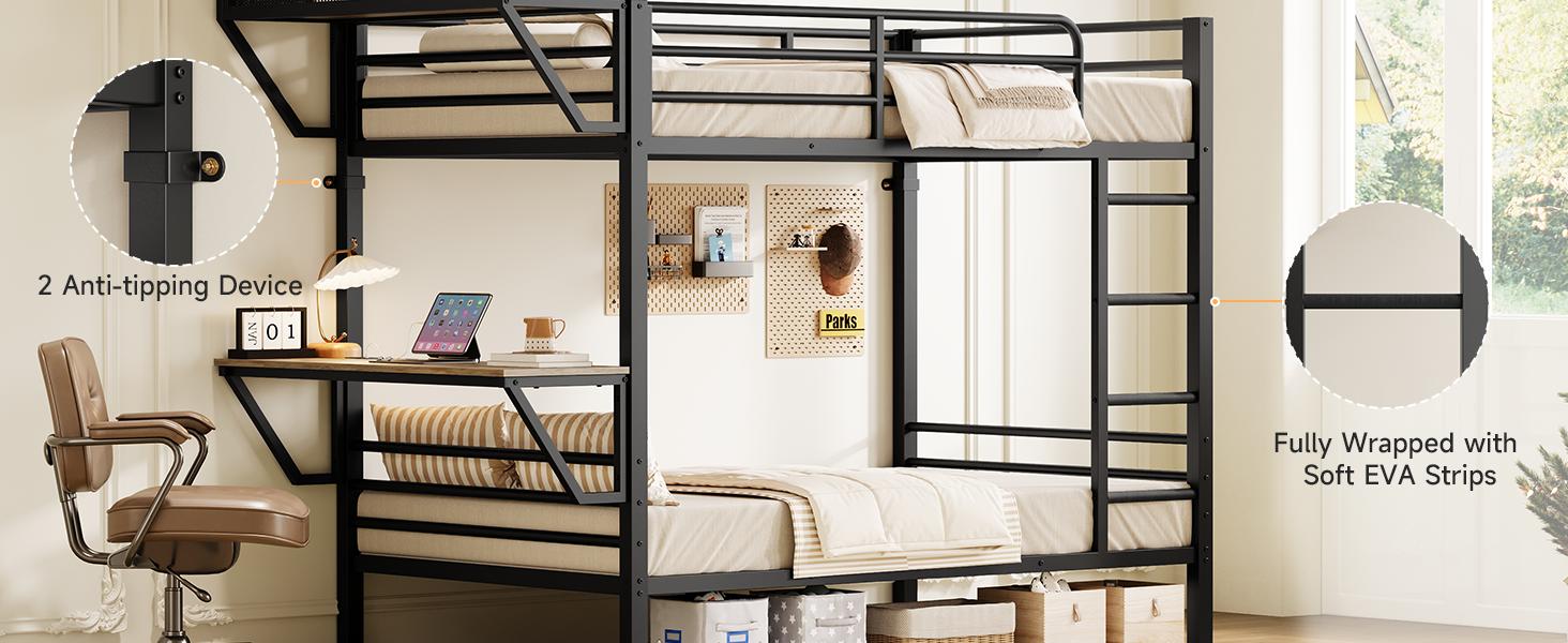 【SPRING GLOW UP】ONBRILL Bunk Bed Twin Over Twin, Metal Bunk Beds with Power Outlets & Desk, Heavy-Duty Bunkbeds Frame with Safety Guardrail & Ladders, Upper Bed with Storage Rack, No Box Spring Needed, for Juniors