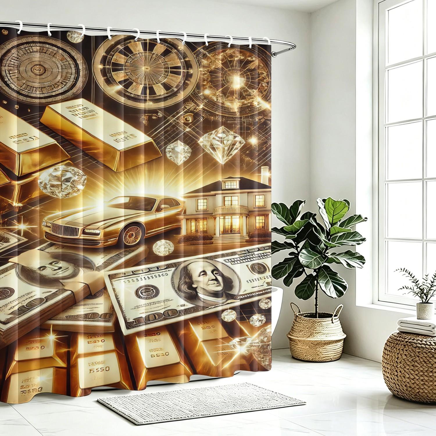 Wealth Dream Theme Shower Curtain, Waterproof Fabric, Free Install Hooks Included, Money Aesthetic Bathroom Decor, Machine Washable Shower Curtain
