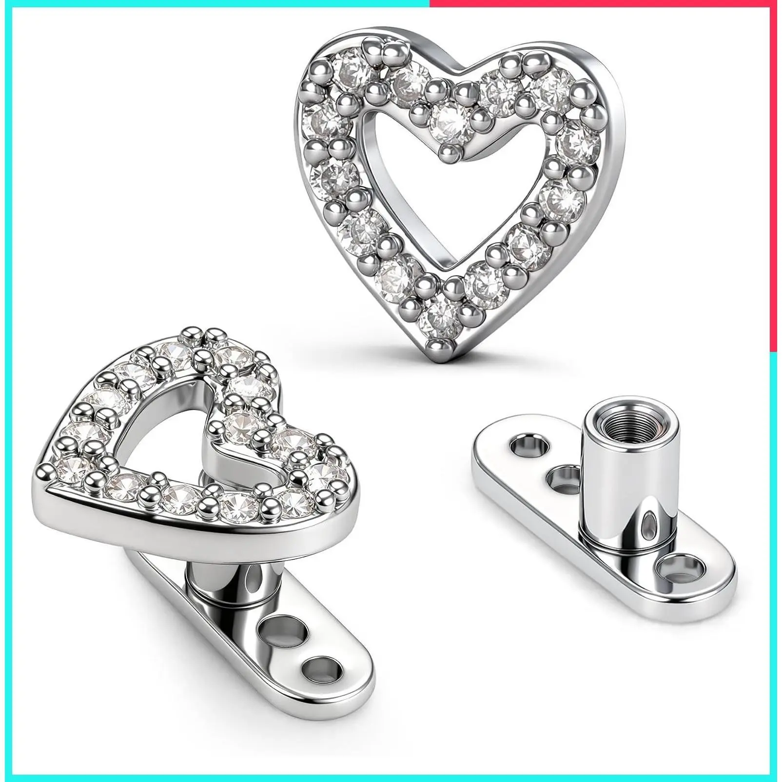Hypoallergenic Stainless Steel Dermal Piercing Kit with 5A CZ Tops - 2Pcs Dainty Cross Heart Microdermal Anchor Body Jewelry, Silver