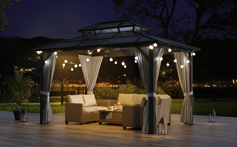 Garvee 10'x12' Hardtop Gazebo, Outdoor Polycarbonate Double Roof Canopy, Aluminum Frame Permanent Pavilion with Curtains and Netting, Sunshade for Garden, Patio, Lawns (Gray)