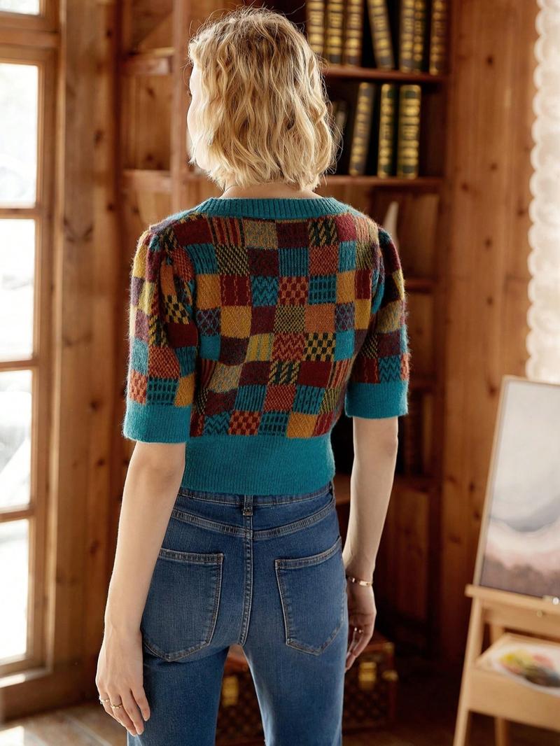 Women's Random Plaid Pattern Round Neck Sweater, Casual Half Sleeve Crew Neck Jumper for Fall & Winter, Fashion Ladies' Knitwear for Daily Wear