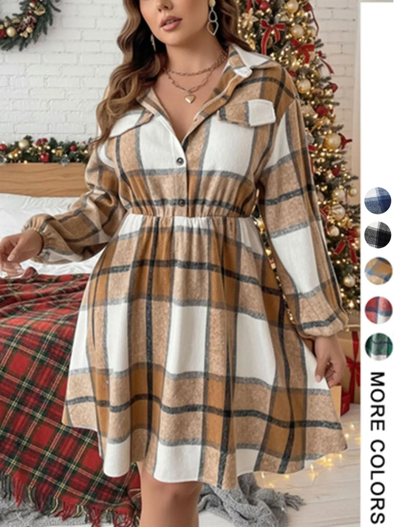 【Black Friday】Plus Size Women's Plaid Shirt Dress, Long Sleeve Button Down Casual Fashionable Mini Dress, Fall & Winter Fashion, Flattering Waist Fit
