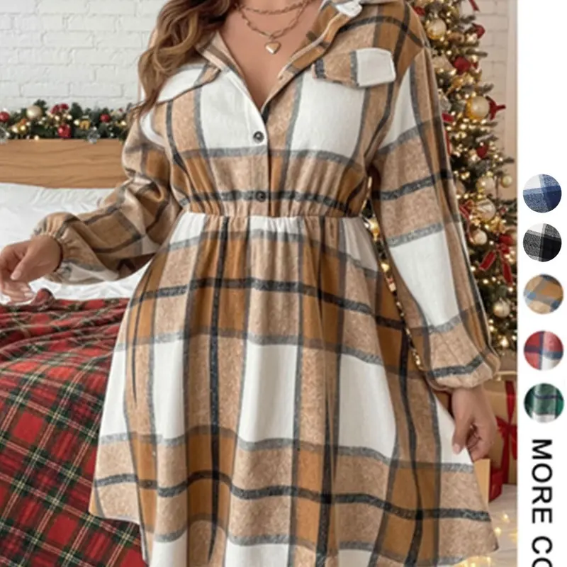 Plus Size Women's Plaid Shirt Dress, Long Sleeve Button Down Casual Feminine Mini Dress, Fall Winter Fashion, Waist Flattering Fit