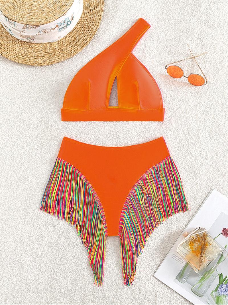 Women's Solid Color Tassel Trim Bikini Set, Casual Fashion Chic Swimsuit for Beach Holiday Vacation, Ladies Swimwear for All Seasons