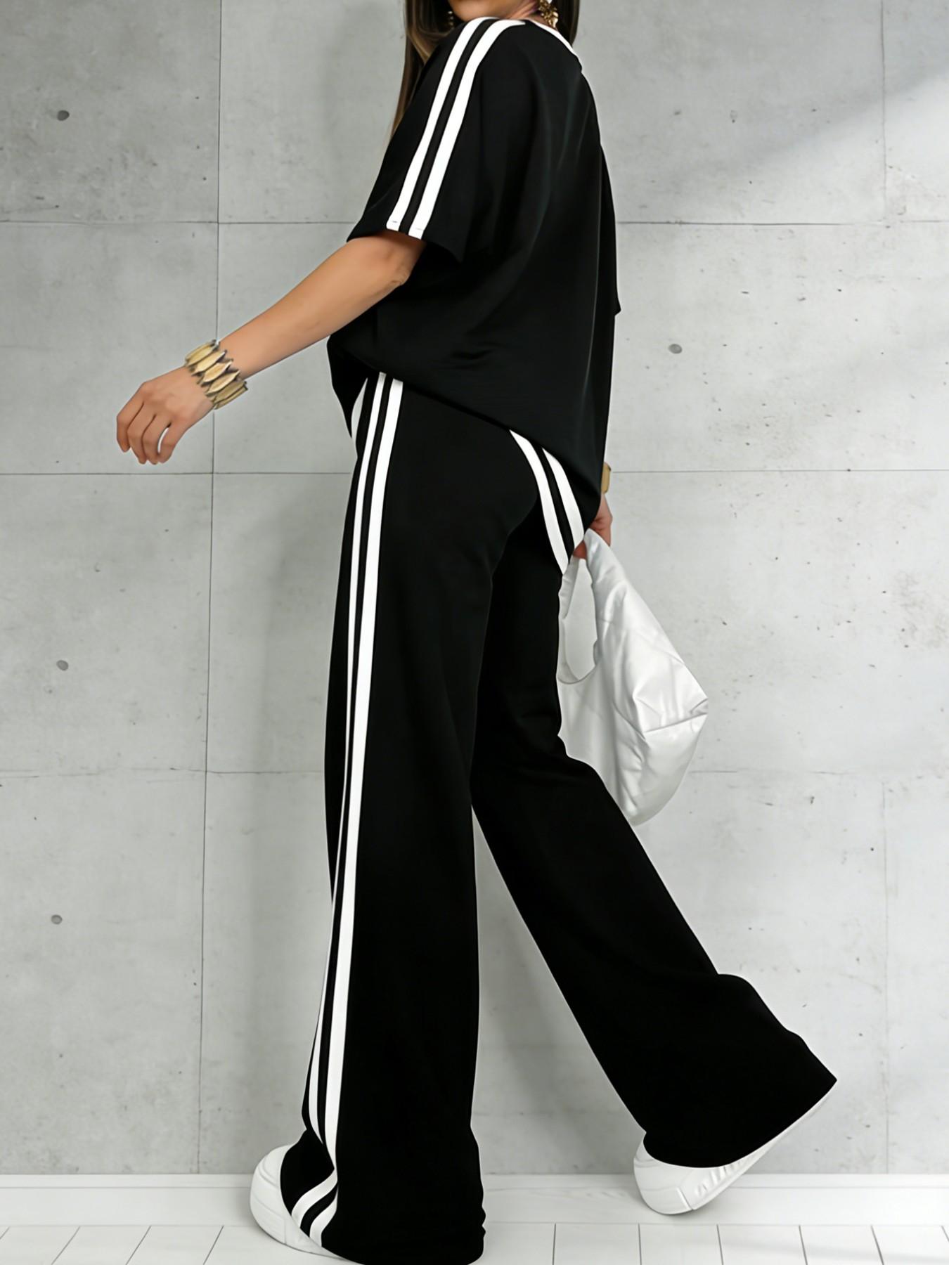 Women's Casual Sportswear Set, Pure Color V-Neck Short Sleeve T-Shirt & Striped Long Pants, Spring Summer Two-Piece