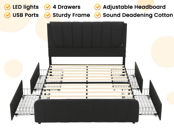 Sikaic LED Bed Frame With USB Ports Adjustable Headboard And 4 Storage Drawers Apartment Furniture Bedroom Set Upholstered Platform Bedframe