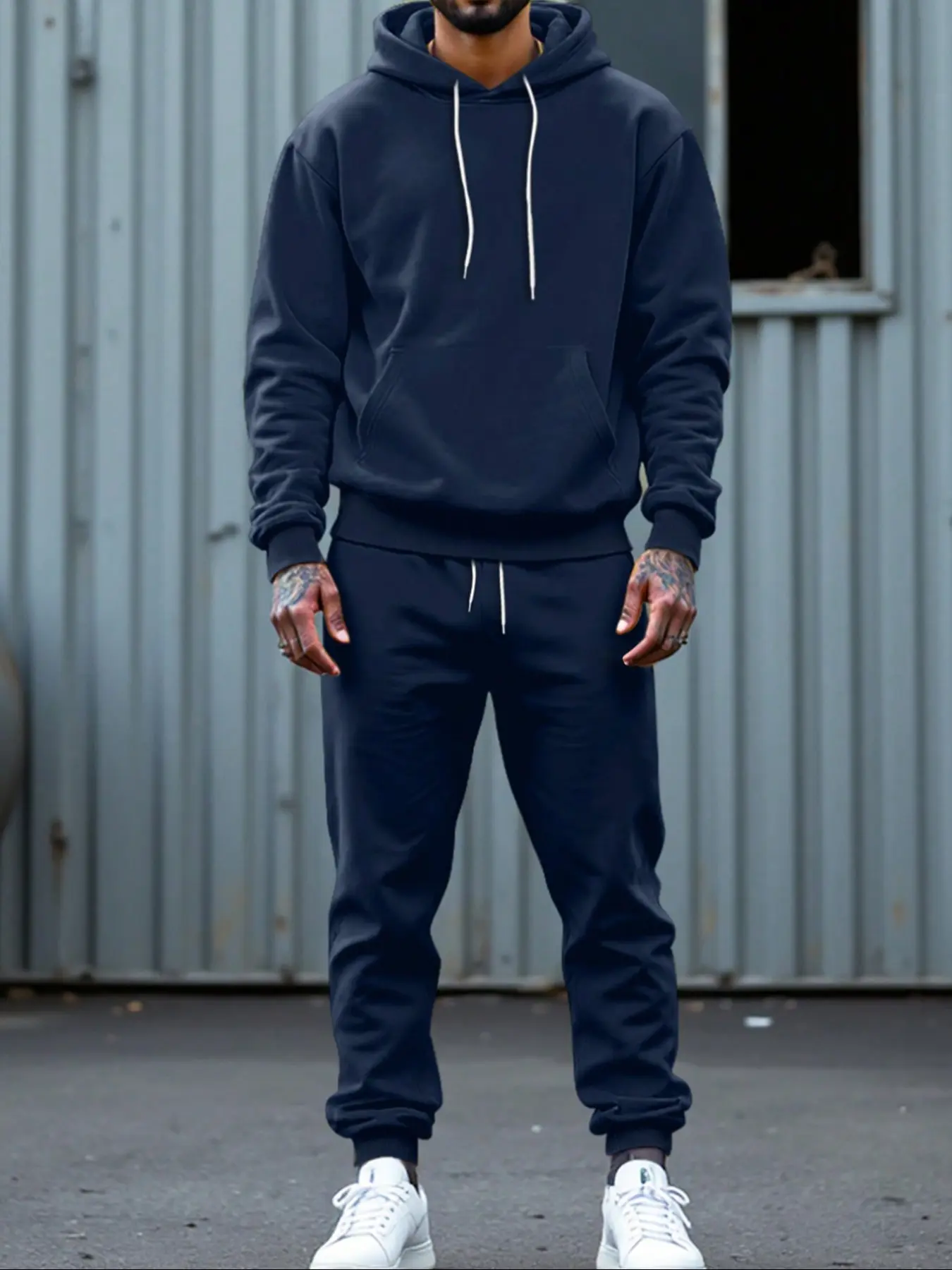 Men's Two-Piece Plain Hooded Sports Set, Basic Fleece Hoodie and Jogging Pants Combo, Casual Sporty Hoodie Set for Fall & Winter