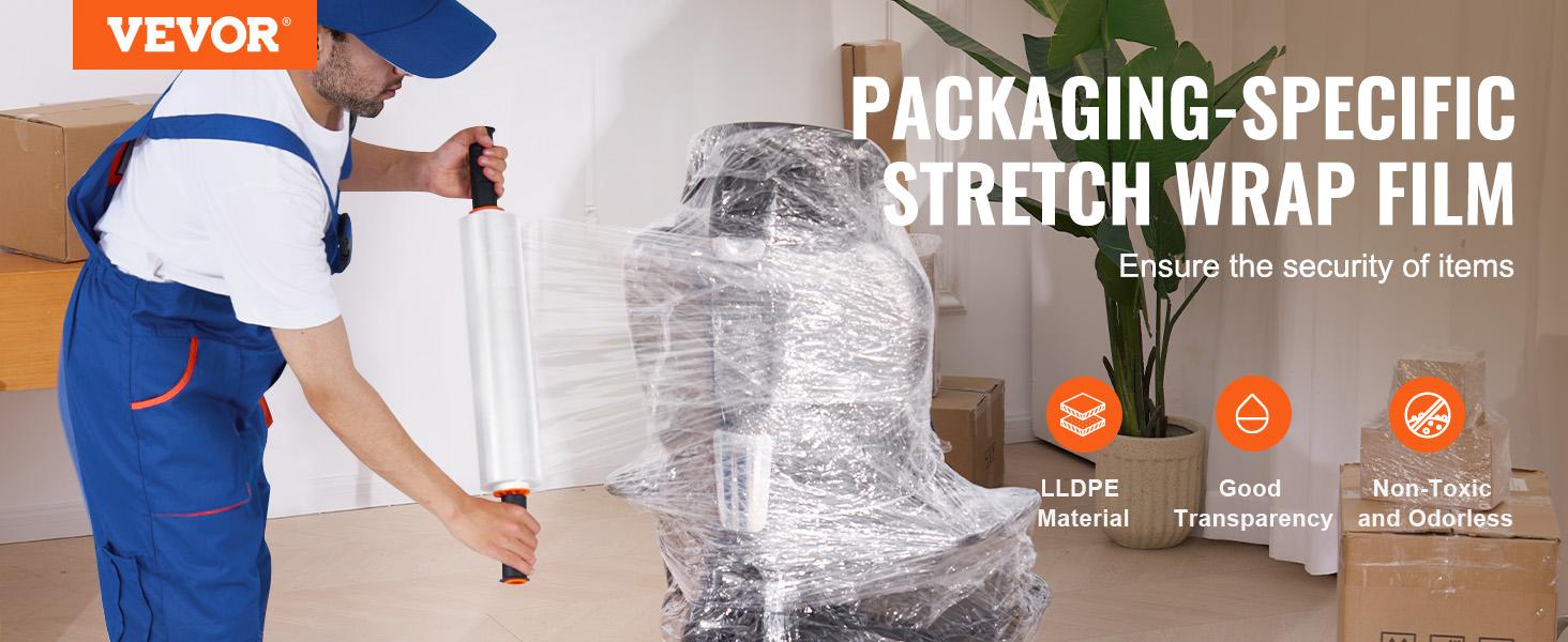 VEVOR Stretch Film, 15 inchesx 1000 feet, 4 Pack, 60 Gauge Industrial Strength Clear Durable Stretch Wrap Roll, Heavy Duty Shrink Film Stretch Wrap with Handles for Pallet Wrapping Shipping Moving