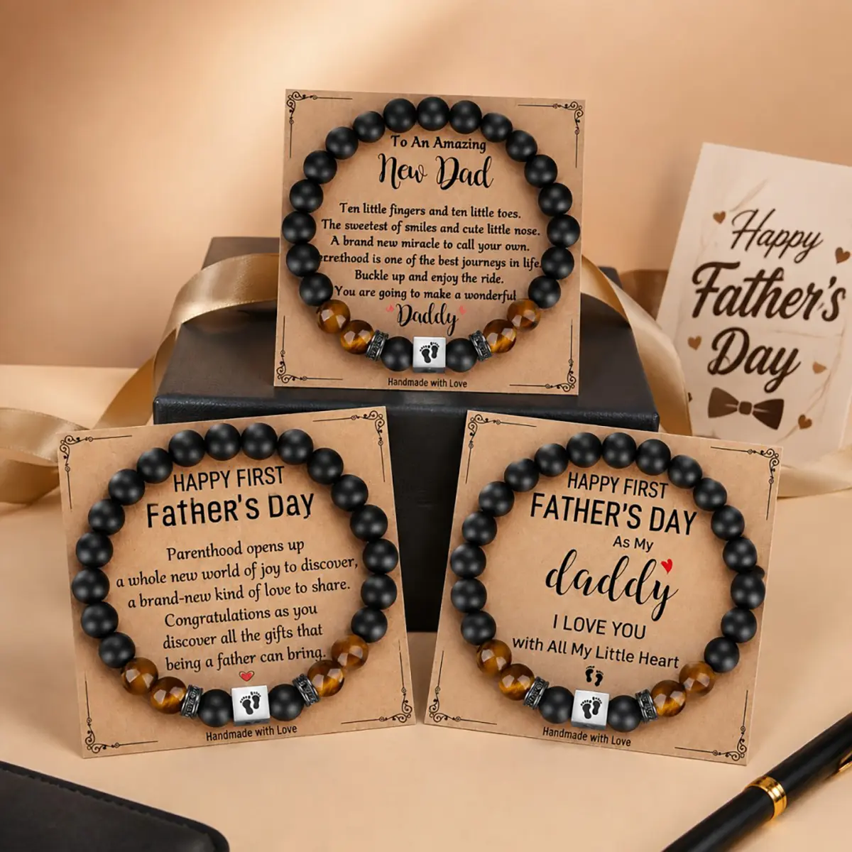 Men Black Obsidian Tiger Eye Beaded Bracelet with Baby Footprint Charm, Bracelet Gift Set with Message Card, Meaningful First Father's Day Gifts, New Dad Jewelry Present, Sentimental Keepsake Gift for Daddy, Perfect Birthday & Holiday Gift for Husband Pap