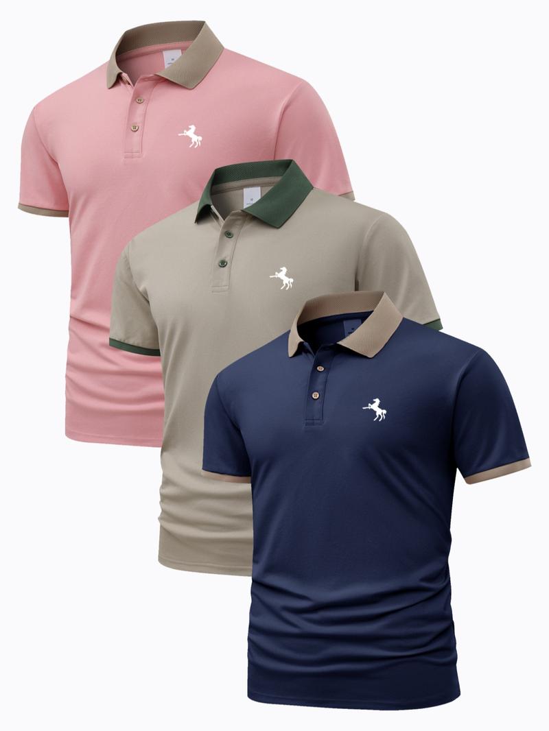 Men's Horse Pattern Polo Shirt, Regular Fit Casual Short Sleeve Button Front Polo Top for Summer, Men's Clothes for Daily Wear, Vacation Clothes, Polo Shirt Set