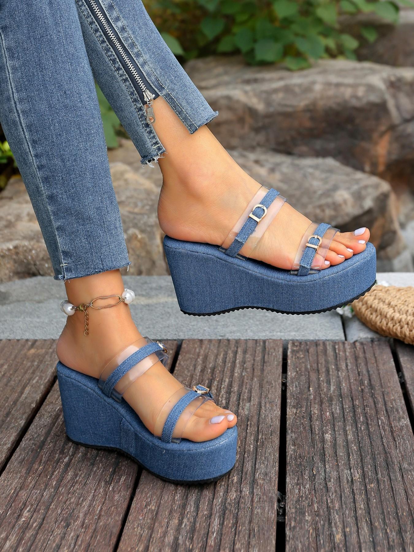 Women's New Summer Fashion Wedge Sandals, Thick Sole Double Buckle Design, 3 Heel Blue Buckle Open Toe Slippers, Perfect for Dresses and Pants