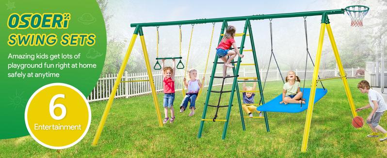 Osoeri Swing Sets for Backyard, 6 in 1 Swing Sets,Heavy-Duty Metal Swing Sets for Backyard with 2 Swings, Climbing Ladder and Nets,Trapeze Bar and Basketball Hoop