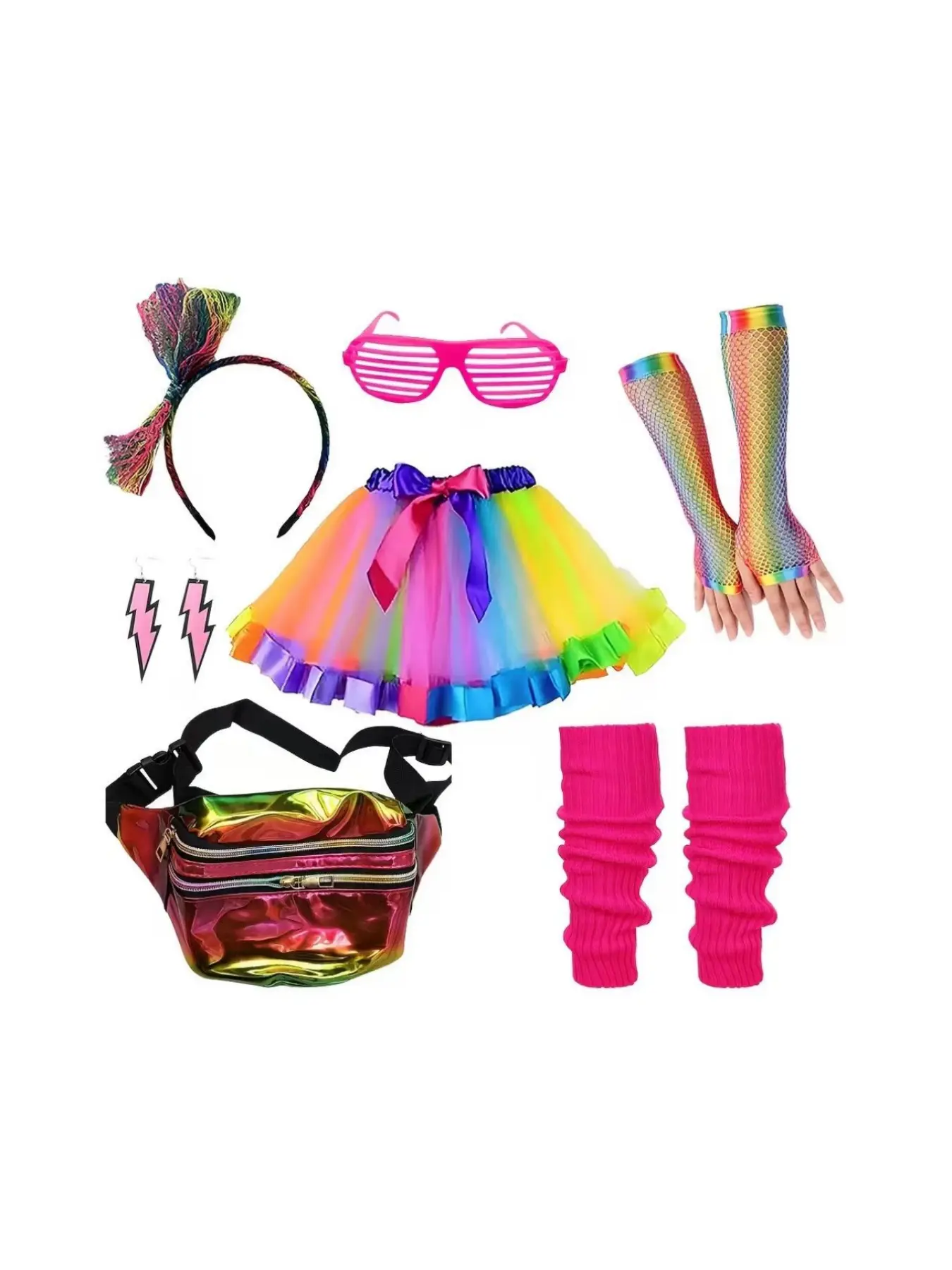 80s Retro Rainbow Party Accessory Set (10 Pieces), Neon Rainbow Skirt, Striped Leg Warmers, Fishnet Gloves, Halloween Carnival Decorations