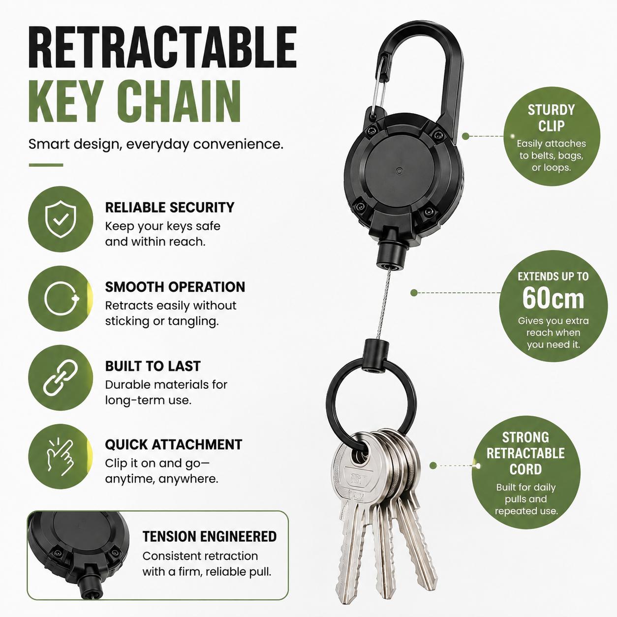 Heavy-Duty Retractable Keychain with Secure Carabiner Clip, 24-Inch Braided Stainless Steel Cable, 8 oz Weight Capacity, Compact Design for ID Badges, Keys, Outdoor Gear & EDC—Durable Multi-Use Organizer Available in 2-Pack and 4-Pack Configurations