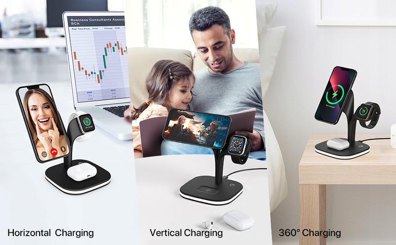 Wireless charger, 3-in-1 Wireless Charging Stand, 5ND GEN, 45% Faster for Apple Watch, iPhone 16, iPhone 15, iPhone 14 Series, AirPods - MagSafe Charging Station for Multiple Devices - Black