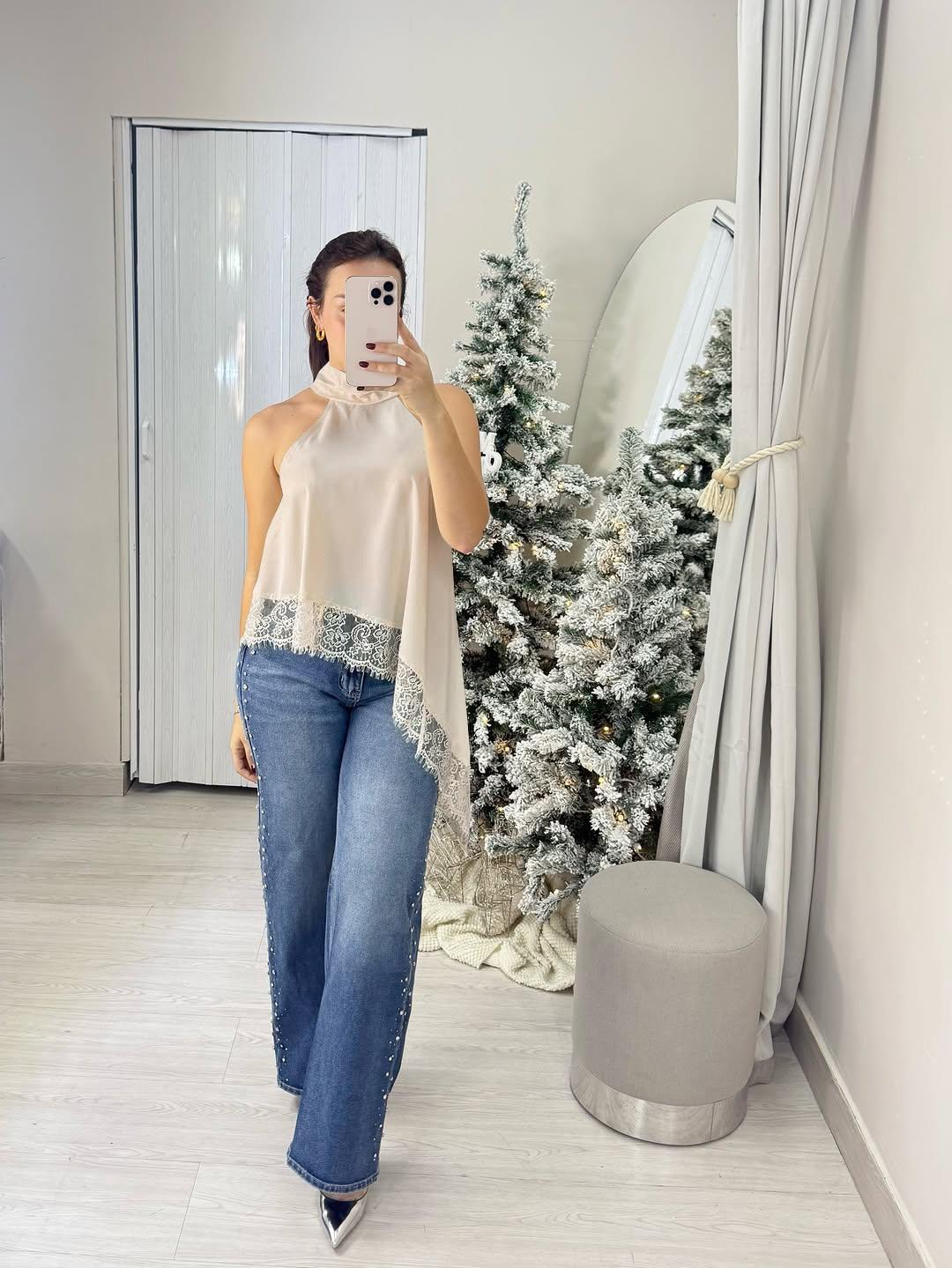 Elegant Asymmetric High Neck Satin Halter Top with Lace Trim, Sleeveless Design for Evening Parties and Formal Occasions