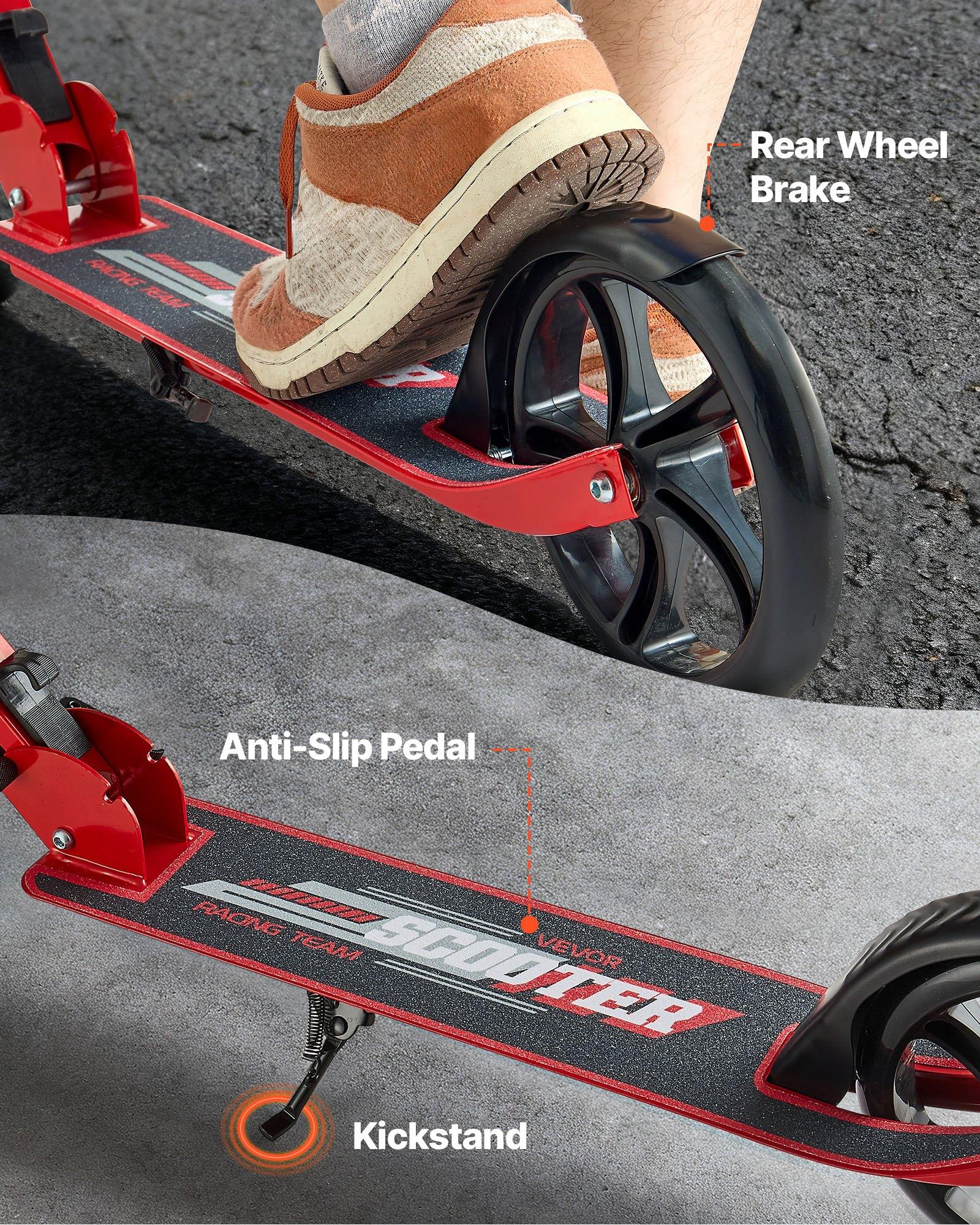 VEVOR Kids 2-Wheel Kick Scooter for Ages 8+, Adjustable Height Handlebar, Wide Anti-Slip Deck, Foldable, Lightweight Compact Design, 220 lbs Max Capacity, Red Black, Outdoor Use