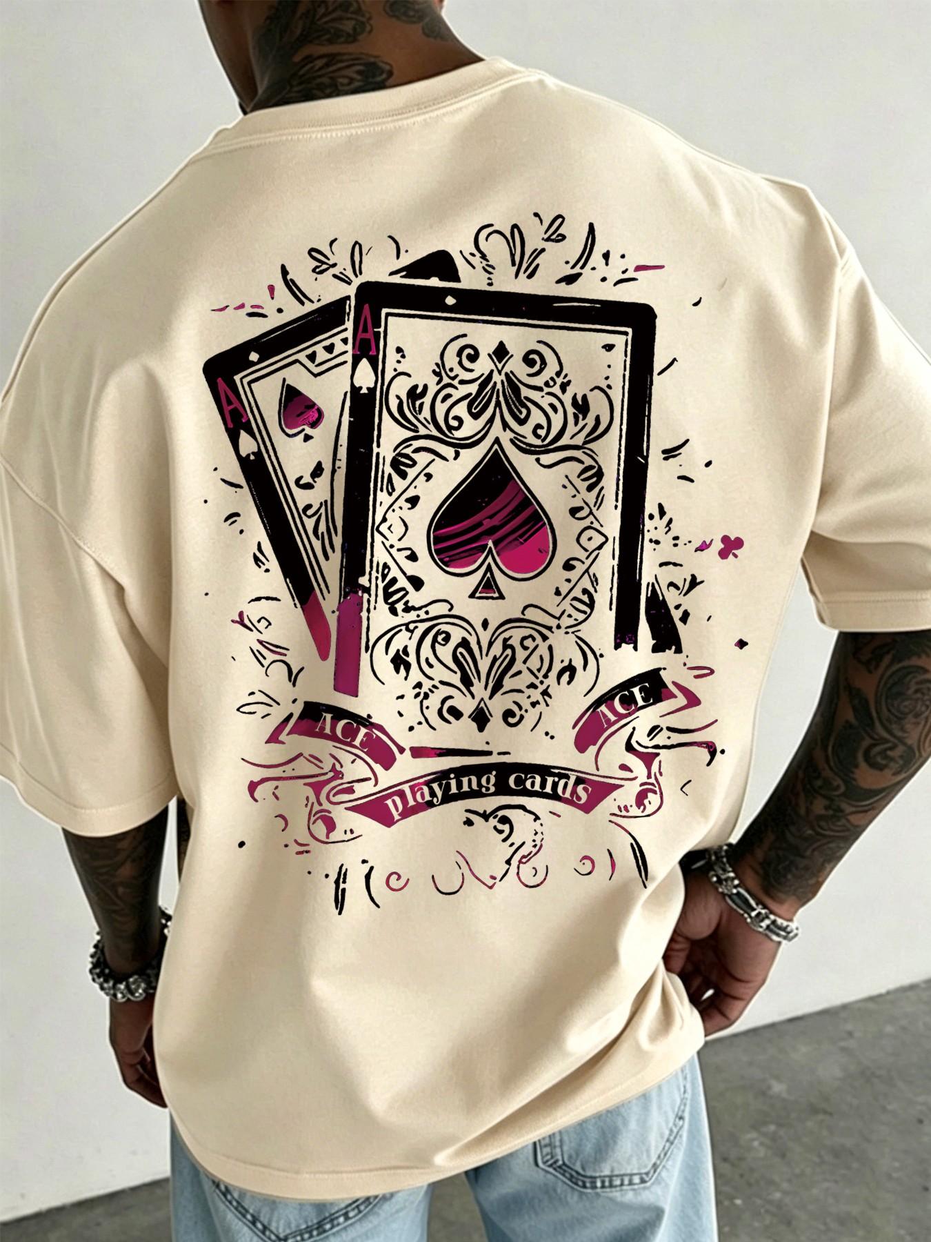 Men's Casual Short-Sleeve T-Shirt, Long Vintage Street Style Ace of Spades Playing Card Print, Loose and Versatile Top, Suitable for Hip-Hop Fashion, Streetwear and Daily Wear
