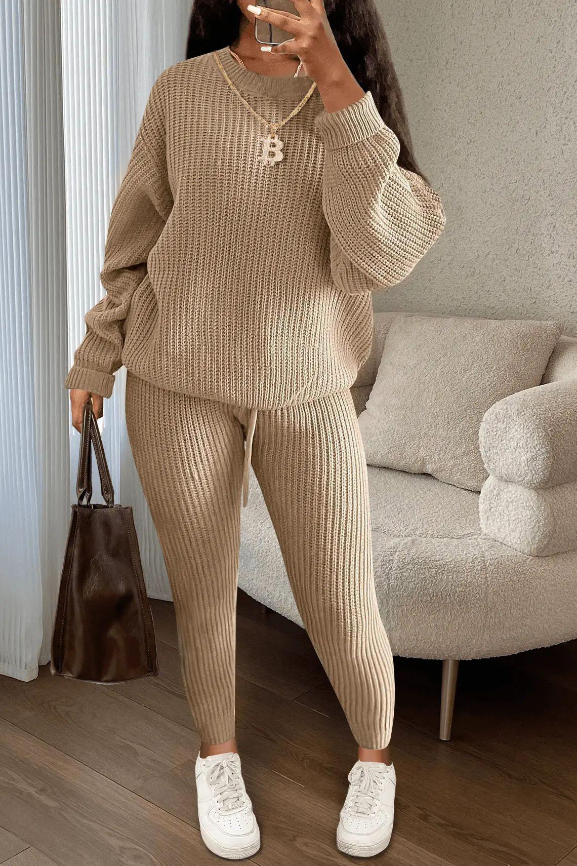 USBoutique Chic Women's Solid Drop Shoulder Sweater & Drawstring Waist Pants Two-piece Set, Fall Outfits, Casual Fashion Cozy Knitwear Set for Daily Outdoor Wear, Women's Matching Knitwear for Fall & Winter, Womenswear & Underwear, Suits