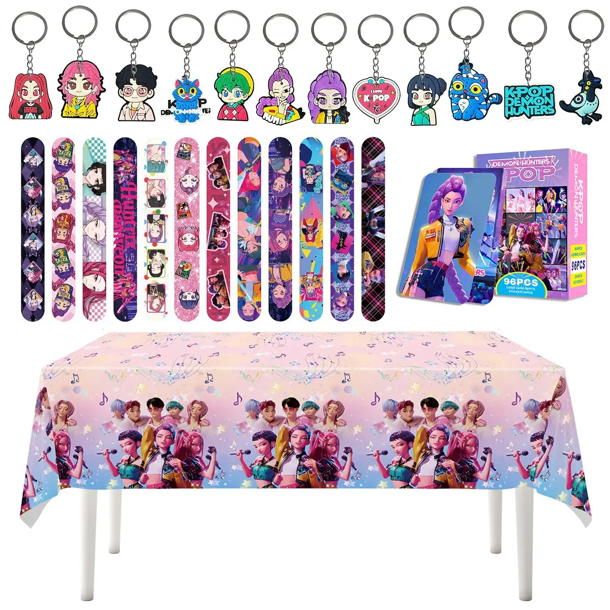 Korean cartoon girl group birthday party decoration gift set, 4 pieces, including 12 bracelets, 12 keychains, 96 game cards, and 1 exquisite party tablecloth. A variety of card mini-games take turns, making the birthday lively and fun!
