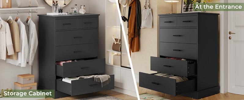 Sikaic 6 Drawers Dresser Wood Storage Clothes Organizer Bedroom Furniture Modern Cupboard Nightstand Cabinet Wardrobe Organization