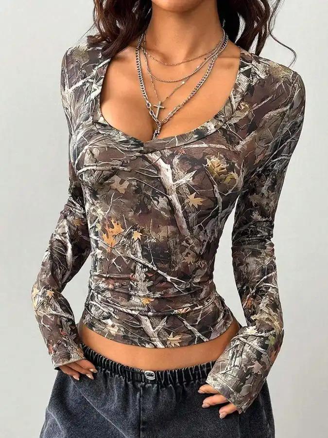 Women's Camouflage Print V Neck Tee, Casual Slim-fitting Long Sleeve T-shirt for Summer, Women's Top for Daily Wear, Lady