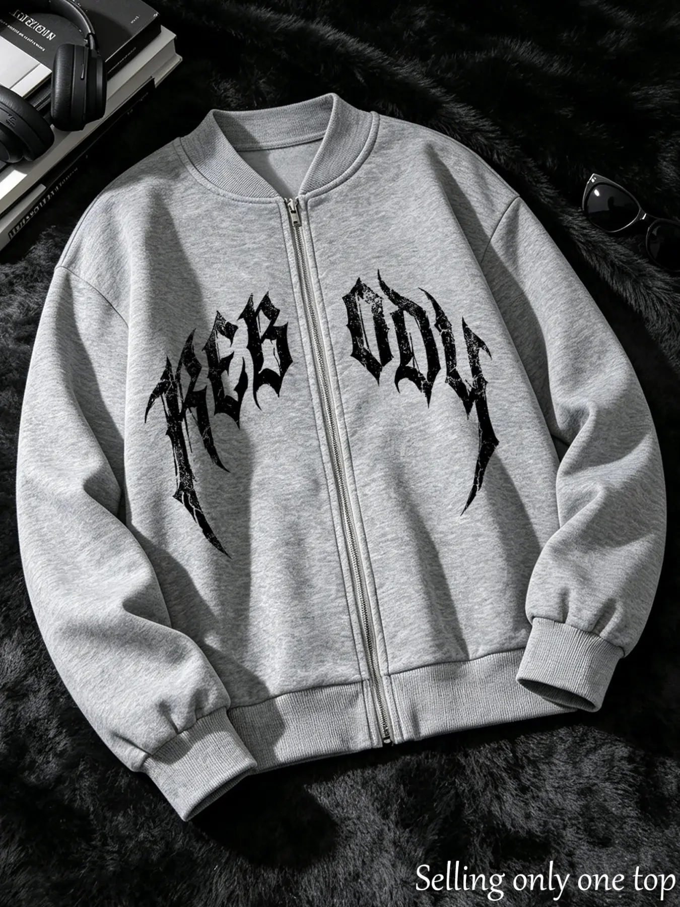 Women's Gothic Vintage Letter Print Baseball Jacket, Loose Fit Stand Collar Zip-Up Sweatshirt, Casual Streetwear for All Seasons