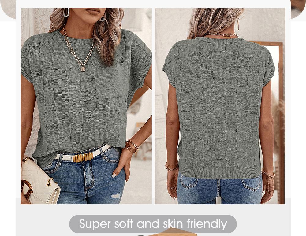 Shewin 2026 SummerVibes Women's Fitted Crew Neck Knitwear Vest - Basic, Cute Women's Tops, Lightweight Casual Batwing Short-Sleeve Knitting Top with Pocket