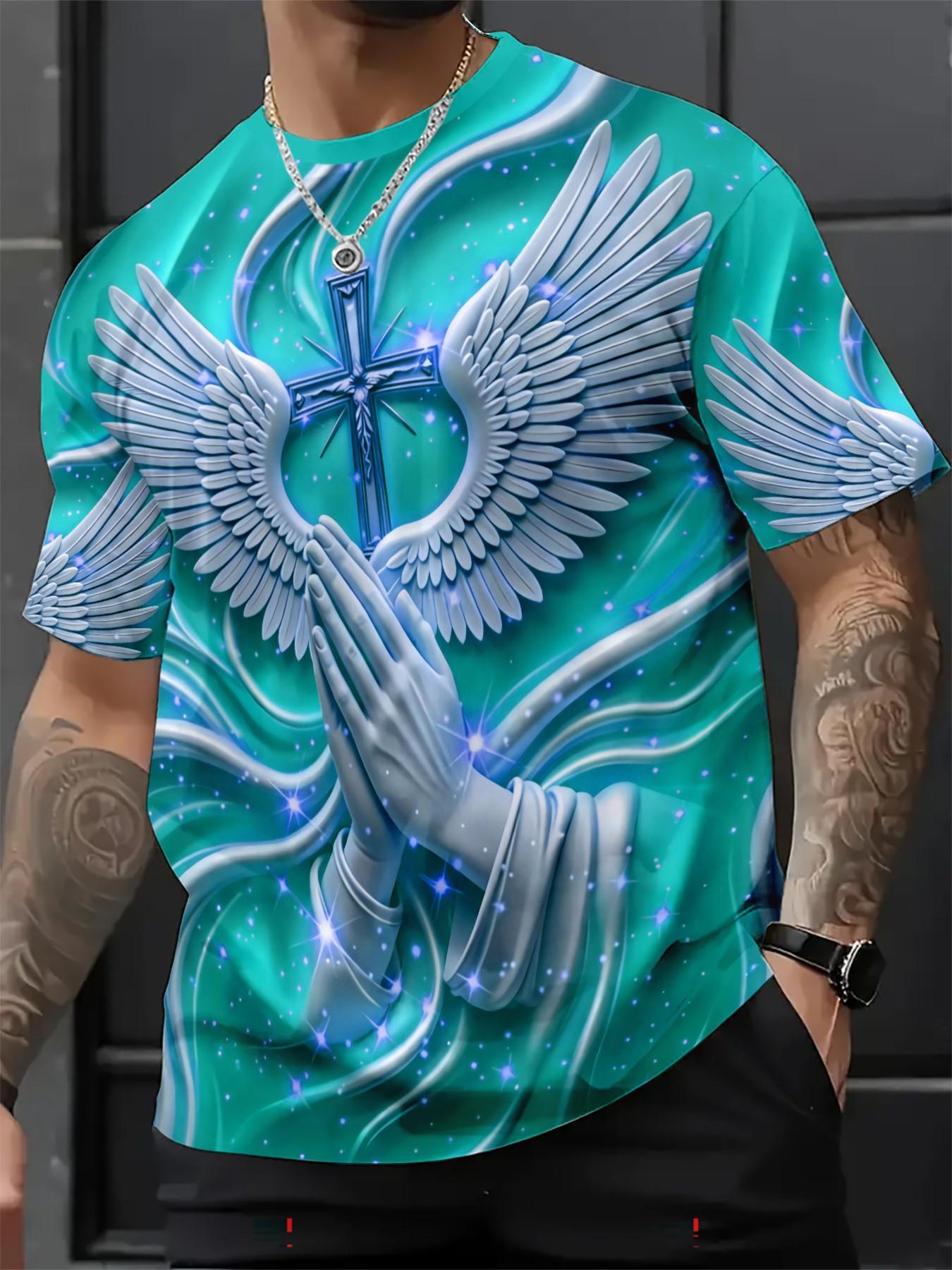 New Religious Prayer Hand Angel Wings Cross Print Men's Round Neck 3D High-Definition Short Sleeve, Sporty Slim-Fit Summer T-Shirt New Religious Prayer Hand Angel Wings Cross Print Men's Round Neck 3D High-Definition Short Sleeve, Sporty Slim-Fit Summer T-Shirt