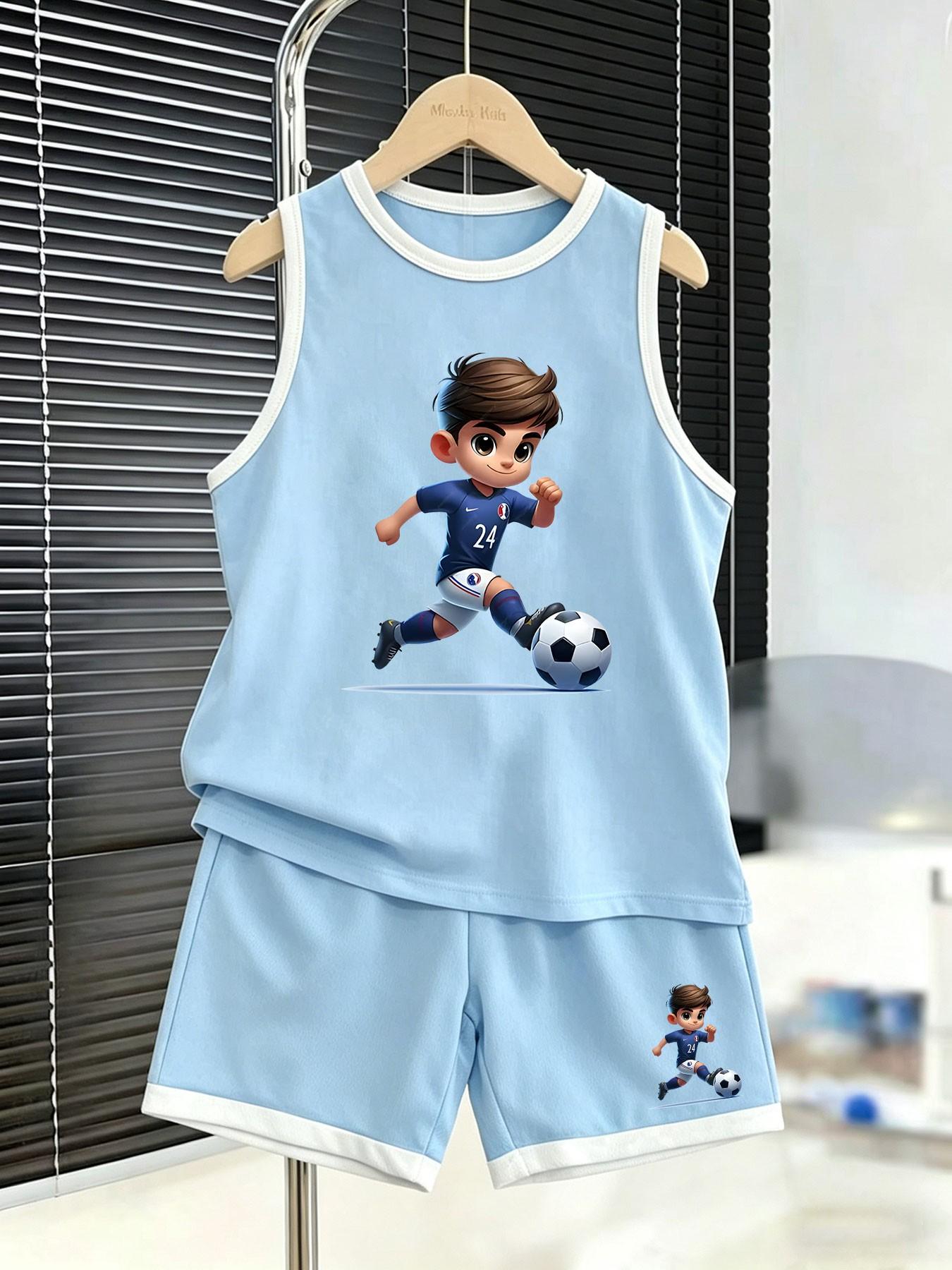 Summer Boys' Sport Set, Tank Top and Shorts, Cartoon Football Print, Loose-Fit, Sporty Style, Two-Piece for Kids