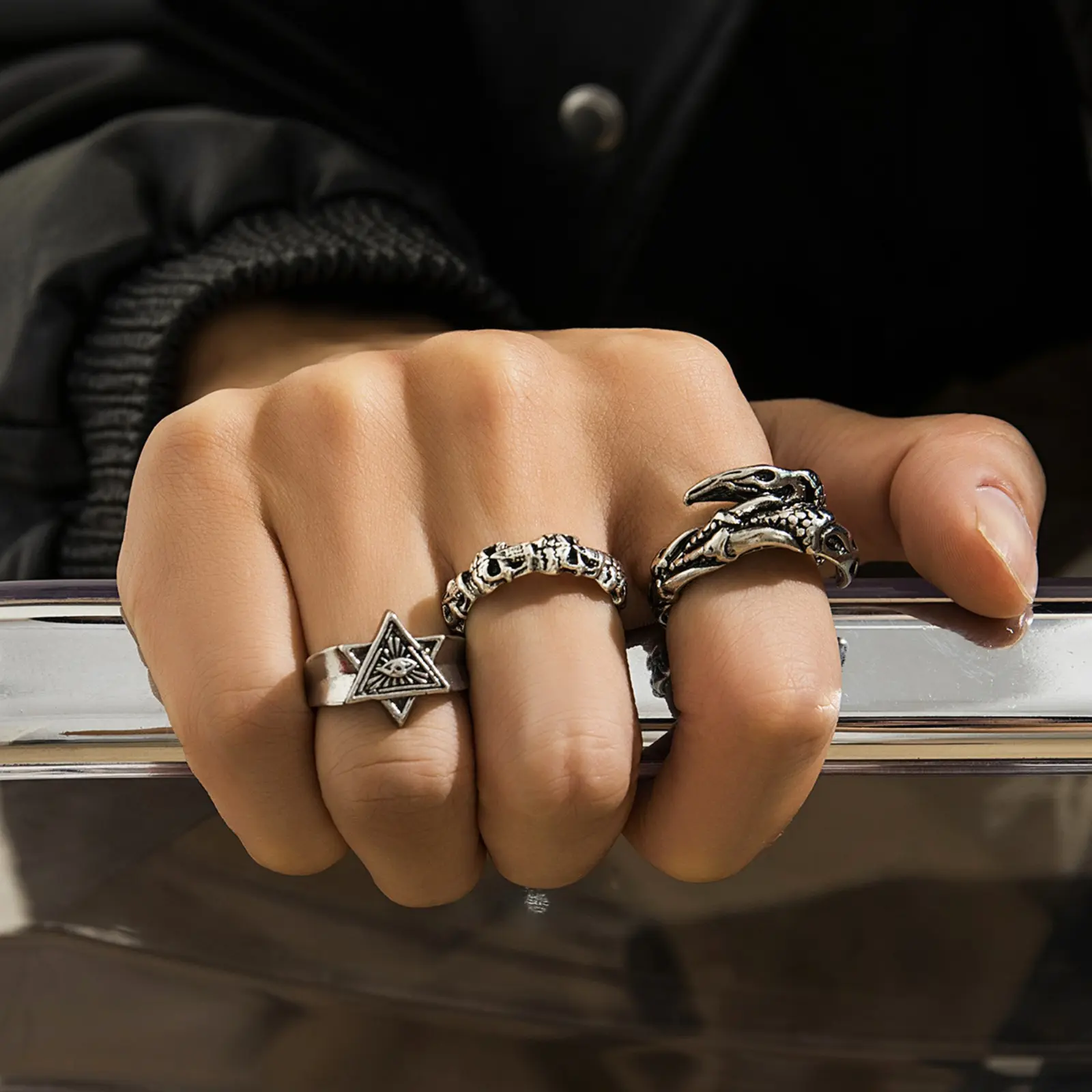 Punk Gothic Set Rings - Vintage Evil Eye, Triangle, Skull, Claw Design Silver Stainless Steel Hip Hop Biker Statement Jewelry Birthday Gift for Men, Male Wear