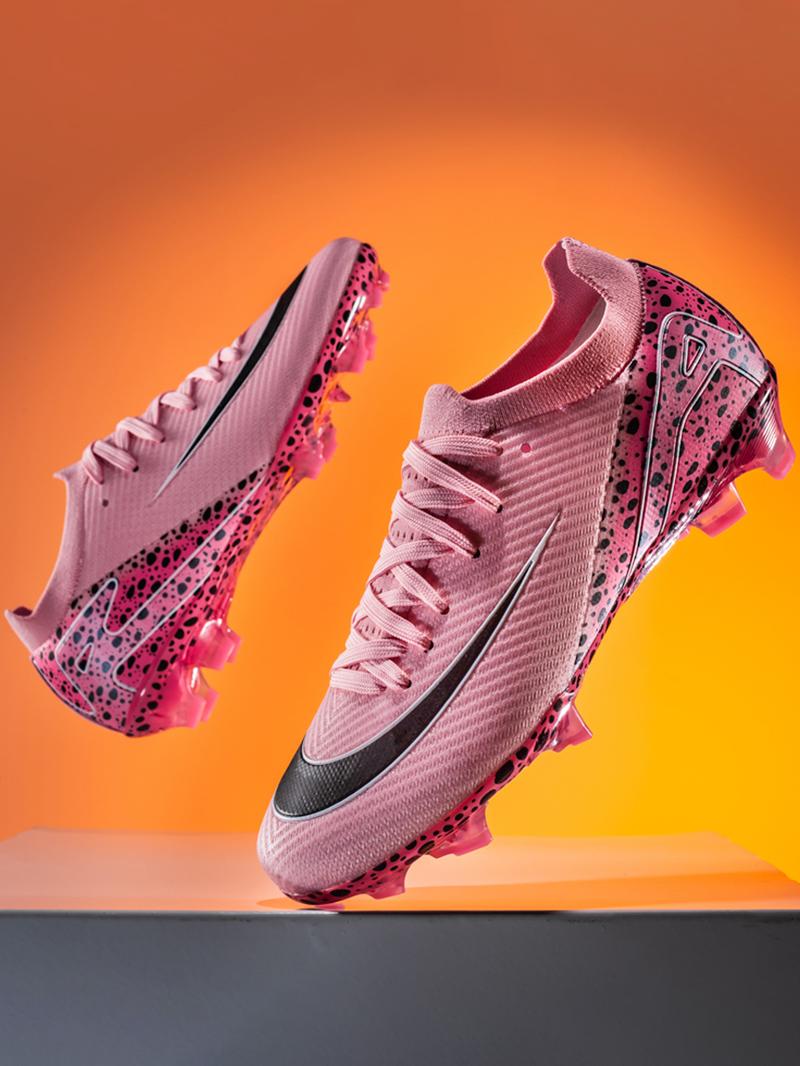 Parent-Child Leopard Print Soccer Shoes, Soccer Cleats, Breathable Knit Material, Professional Long Nails, Sporty Style, All Seasons