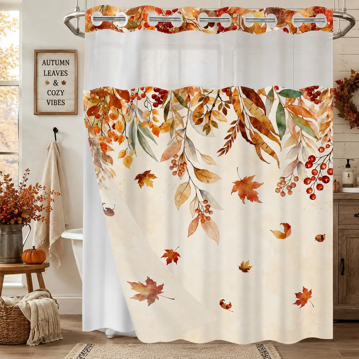 1PC 2D Flat Watercolor Hanging Autumn Leaves, Berries & Falling Maple Leaf Pattern Double-Layer Woven Shower Curtain, No Hooks, Transparent Top Window, Removable Snap-On Liner, Minimalist Farmhouse Bathroom Art Decor, Thanksgiving & Holiday Decoration