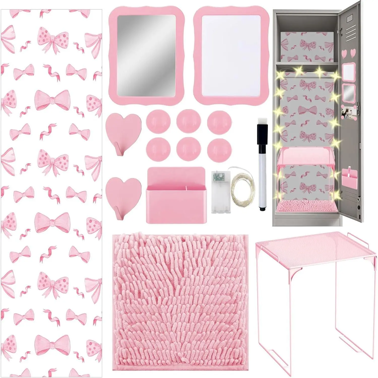 16 Pcs Locker Accessories Kit Pink Locker Organizer Decorations Include Bow Wallpaper String Light Magnetic Whiteboard Mirror Storage Cup Marker Rug Organizing Shelf for Back to School Supply