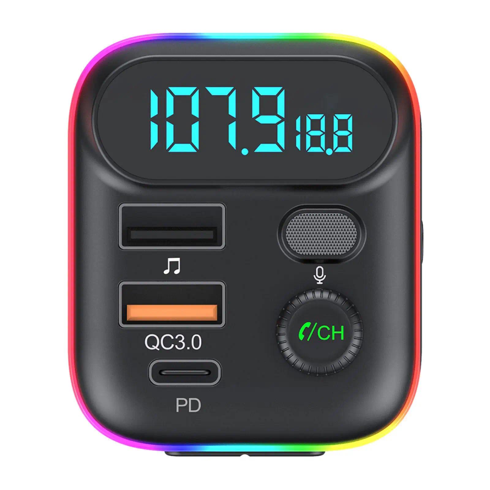 Bluetooth Car Adapter, In-Car FM Transmitter with Bluetooth 5.0, 18W PD Fast Charging, QC3.0, USB + PD Ports, Type-C, Colorful Ambient Light, Dual Music Player, Bluetooth Calling, Cigarette Lighter Accessory with Easy Setup