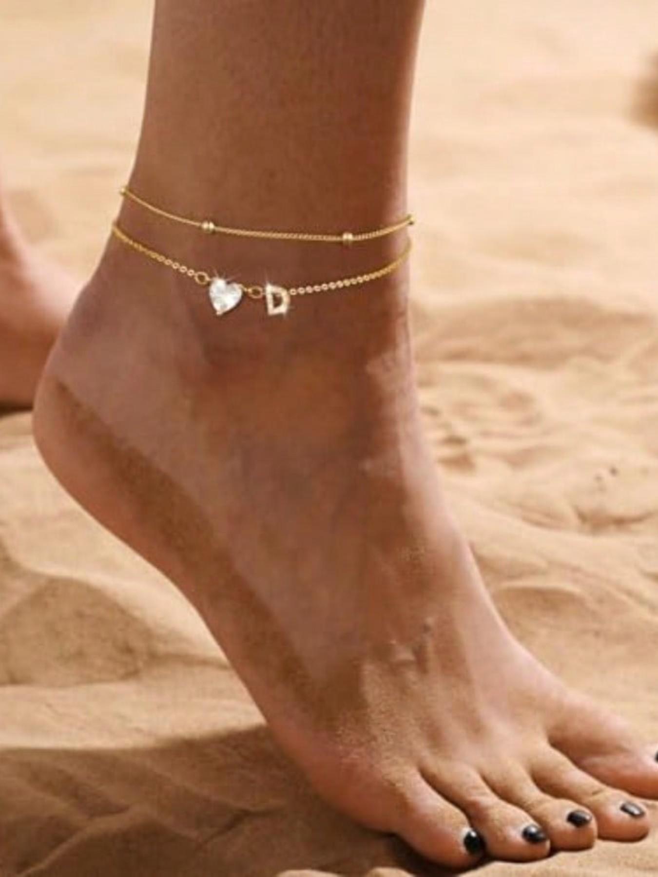 Initial Anklet for Women, Dainty Love Heart Cz Layered Letter, Waterproof Personalized Fashion Jewelry Gift